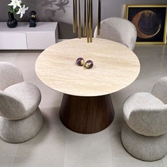 Travertine Round Dining Table - Walnut Base (4-Seater)