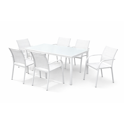 Aluminium Glass Table & White Chairs