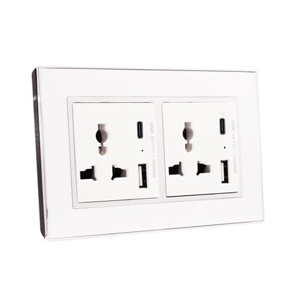 2 Gang 13Amp Socket USB-C – White Temp Glass
