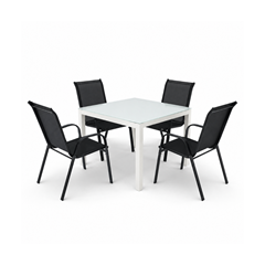 Dining Set - White Aluminium & Glass Table 100x100x74 + 4 Black Garden Armchairs