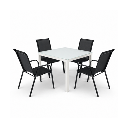 Dining Set - White Aluminium & Glass Table 100x100x74 + 4 Black Garden Armchairs