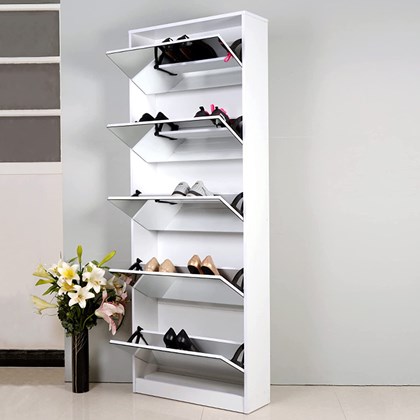 White Shoe Cabinet Mirror Shoe Organizer with 5 Racks