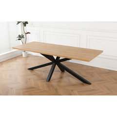 Rectangular Oak Veneer Dining Table with Black Metal Cross Legs – 220 cm