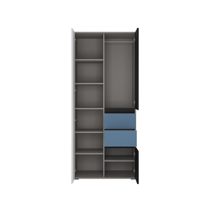 Wardrobe 3 Doors 2 Shelves – White Alpine/Black Pearl/Muted Blue