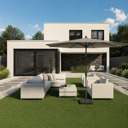 Round Parasol D300 cm – Taupe Fabric and Teak Look Frame