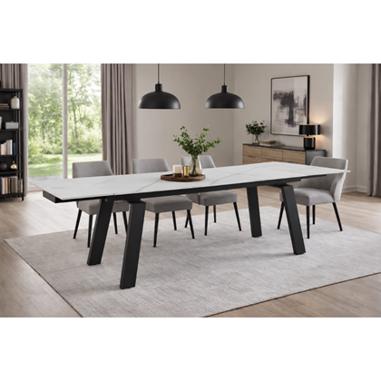 Extendable Dining Table - White Marble Ceramic Top 160 x (40 +40) x 90 x76 cm