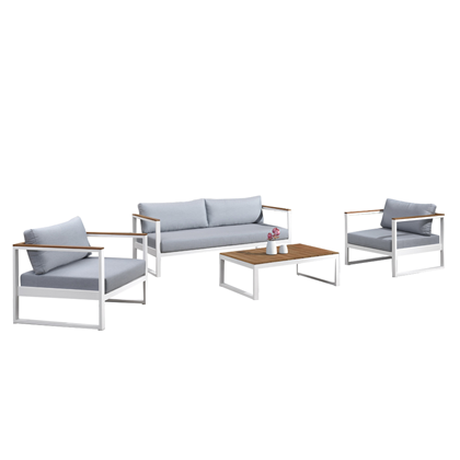 Aluminium 4pc Sofa With Teak Arms & Coffee Table Set