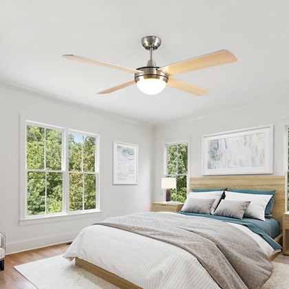 Victoria Nickel & Light Wood Ceiling Fan with Light