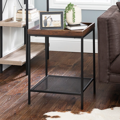 Square Tray Side Table With Mesh Metal Shelf - Rustic Oak