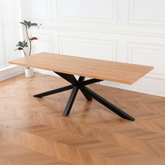 Rectangular Oak Veneer Dining Table with Black Metal Cross Legs – 220 cm