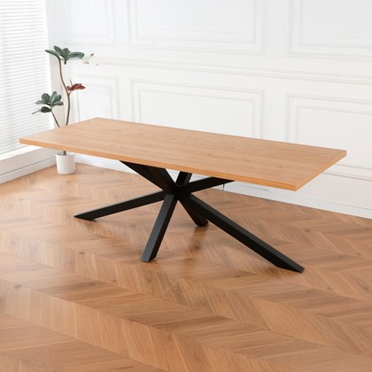 Rectangular Oak Veneer Dining Table with Black Metal Cross Legs – 220 cm