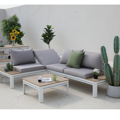 Outdoor Corner Sofa Set  Aluminium White Wood Effect