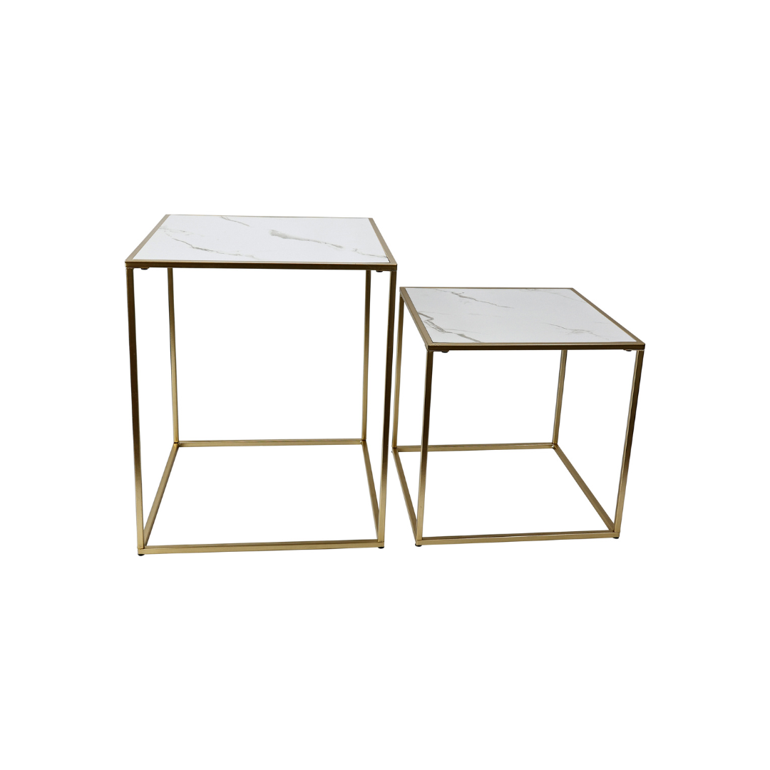 Set of 2 Square Coffee Tables – White Marble & Gold