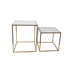 Set of 2 Square Coffee Tables – White Marble & Gold