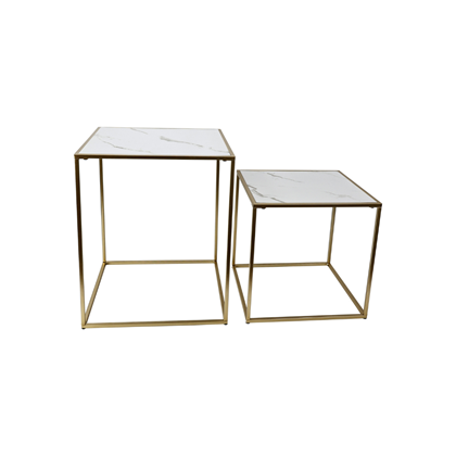 Set of 2 Square Coffee Tables – White Marble & Gold