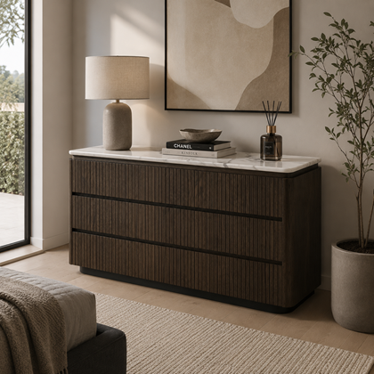 6 Drawer Chest - Ceramic Marble Effect Top with Dark Brown Oak MDF