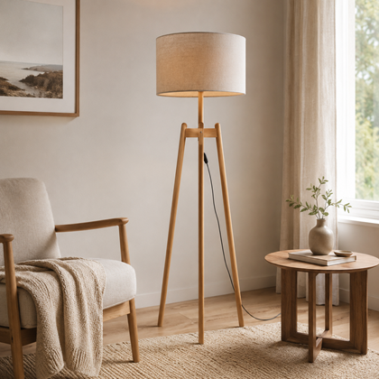 Perez Linen Floor Lamp – Light Wood & Grey-Beige