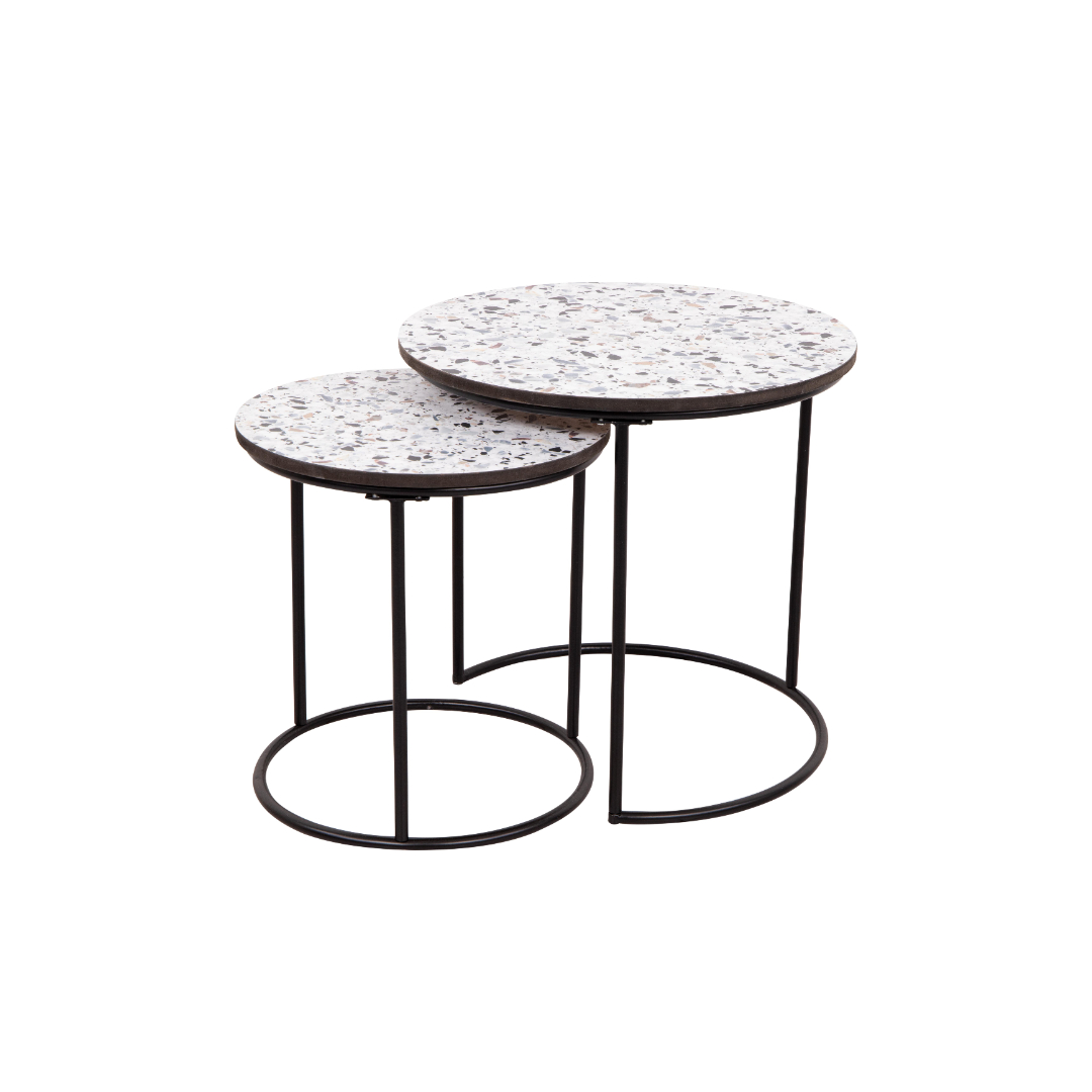 Set 2 Round Coffee Tables  in White Black Graniglia Effect