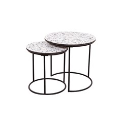 Set 2 Round Coffee Tables  in White Black Graniglia Effect
