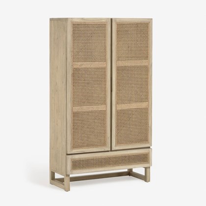 Solid Mindi Wood and Veneer Cabinet with Rattan 90 x 160 cm
