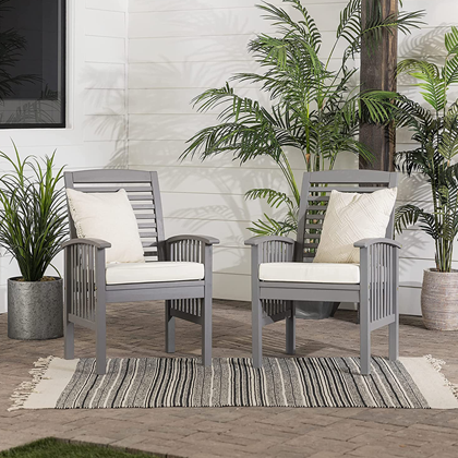 Set of 2 Solid Acacia Wood Slat Back Outdoor Dining Chairs