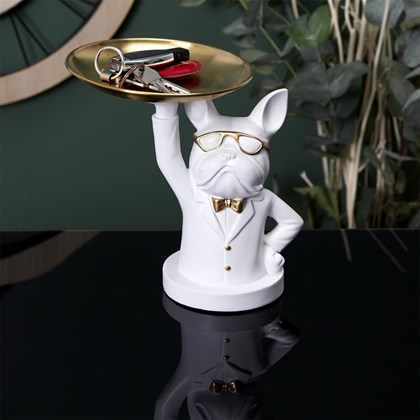 White Decorative Bulldog Sculpture Trinket Tray 23cm