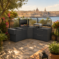 L-Shaped Outdoor Kitchen Set with Gas Plancha, Infrared Grill & Pizza Oven