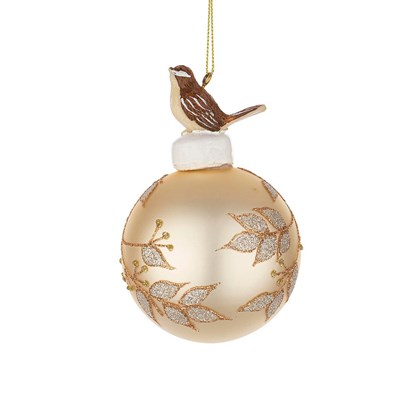 Frond Gold Glass Ball with Bird 8cm