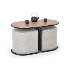 Coffee Table With Poufs - Walnut - Black & Grey