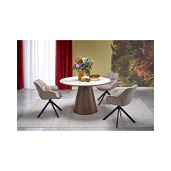Arani Round Table – Beige Marble & Walnut