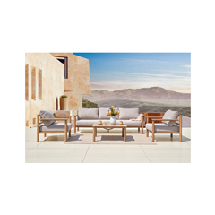 Set 4 Aluminum Sofa 3 Seater Sofa – Beige / Wood Finish.