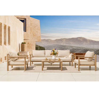 Set 4 Aluminum Sofa 3 Seater Sofa – Beige / Wood Finish.