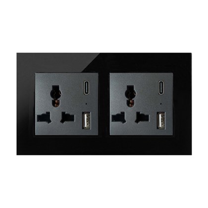 2 Gang 13AMP Socket USB C Black Temp Glass