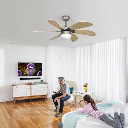 Milan Nickel & Light Wood Ceiling Fan with Light