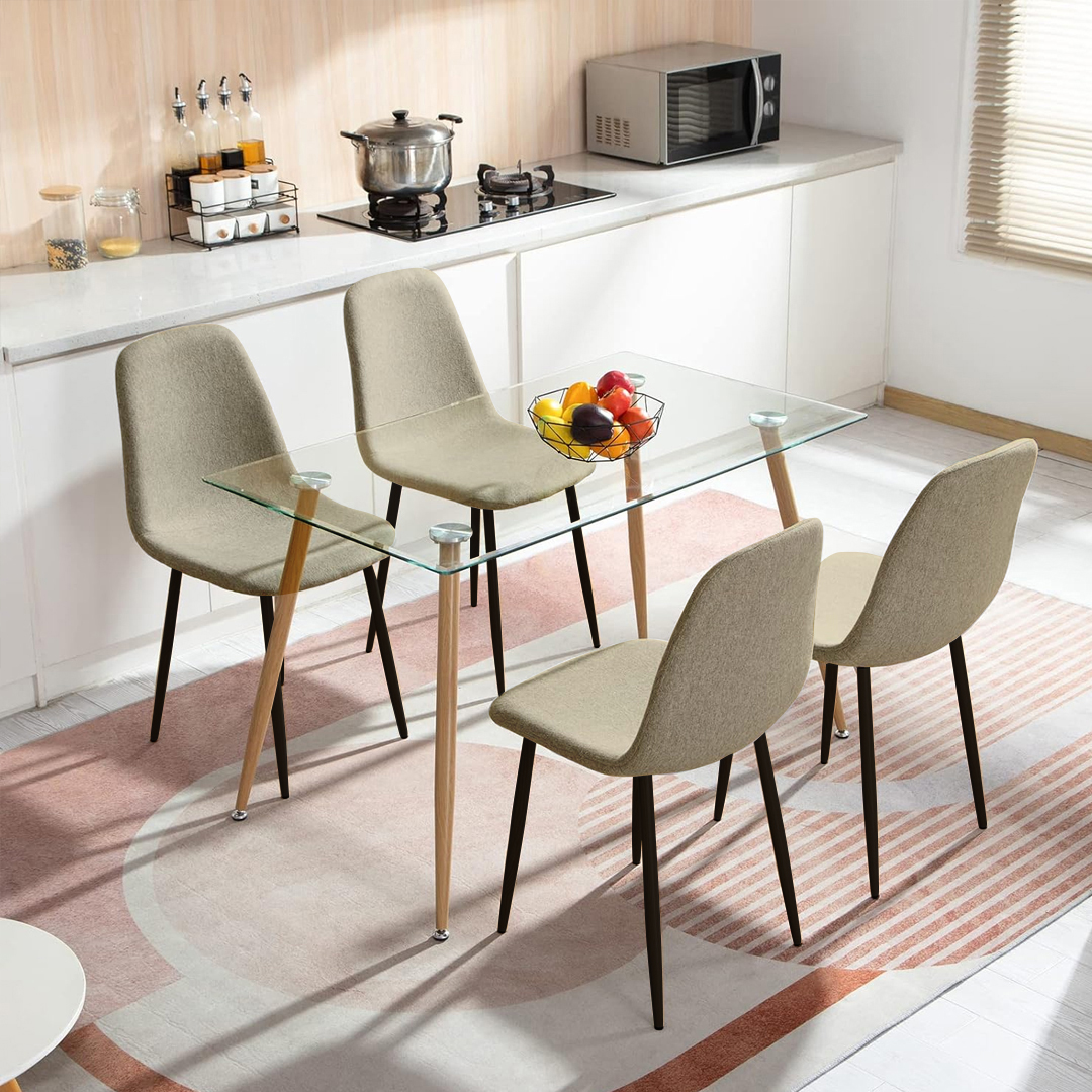 Modern Dining Set – Wood Finish Glass Table with Custom Grey Chairs