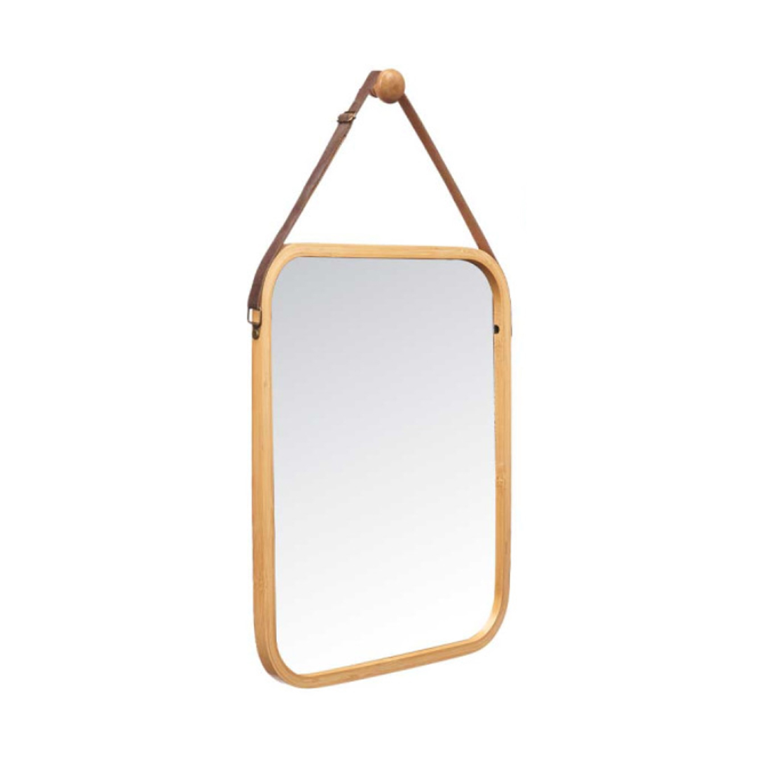 Rectangular Bamboo Mirror with Leather Strap – Natural