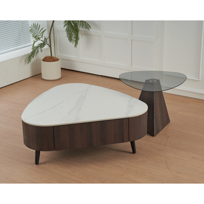 Set of 2 Coffee Tables - White Marble Ceramic Top with Black Walnut Frame and Small Glass-Top Table