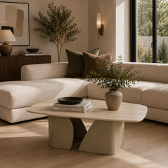 Beige Coffee Table - Metal Frame with Travertine Ceramic Top