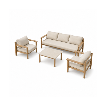 Set 4 Aluminum Sofa 3 Seater Sofa – Beige / Wood Finish.
