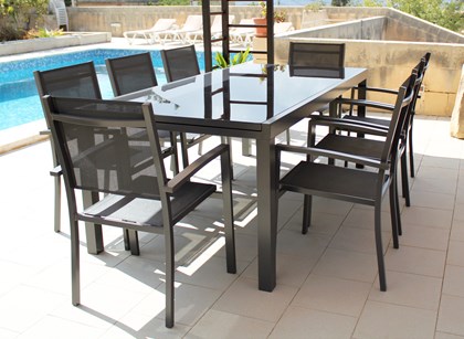 Aluminium Glass Table 200 x 100 cm Extendable 300 cm & 8 Dark Grey Armchairs Set