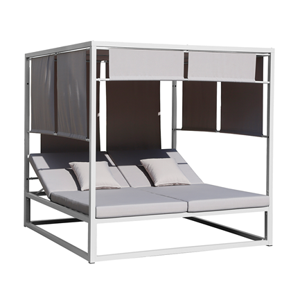 Aluminum Sun Lounger Bed with Adjustable Sunshades - White