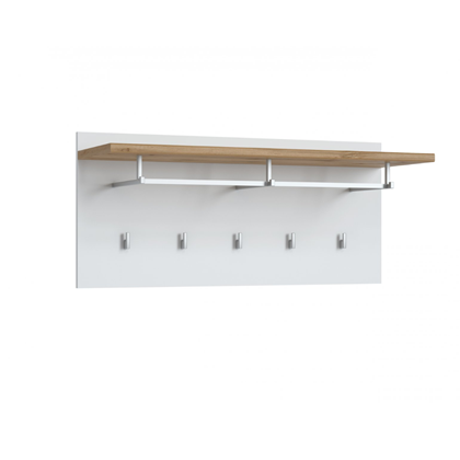 Wall Shelf Panel Five Hooks/Hangers – Alpine White & Wotan Oak
