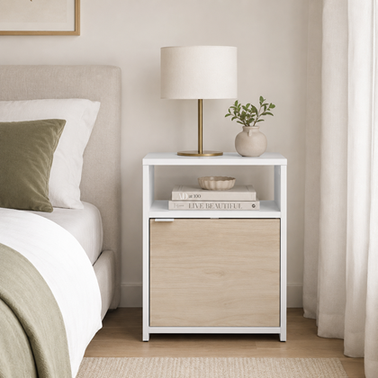 1-Door 1-Drawer Bedside Chest – Matt White & Oak