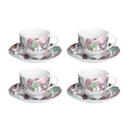 Set 4 Tea Cups &Saucers Calypso Porcelain White