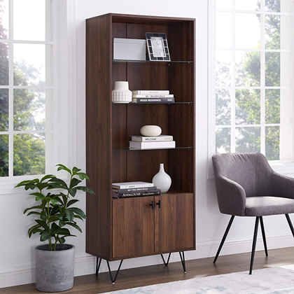 Modern Tall Accent Cabinet with Glass Shelves - Dark Walnut