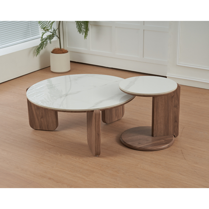 Set of 2 Coffee Tables - White Marble Ceramic Top with Wood Frame