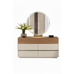 Bedroom Set - 6-Door Wardrobe, Nightstands & Dresser with Mirror -Cream & Walnut