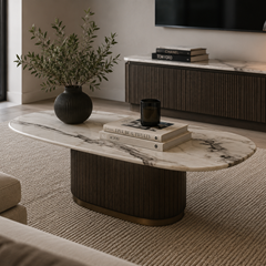 Coffee Table 130x70x40 cm - Ceramic Marble Effect Top with Dark Brown Oak MDF