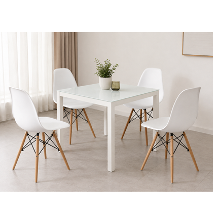Dining Set - White Aluminium & Glass Table 100x100x74 + 4 White Dining Chairs