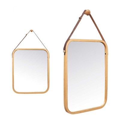 Rectangular Bamboo Mirror with Leather Strap – Natural